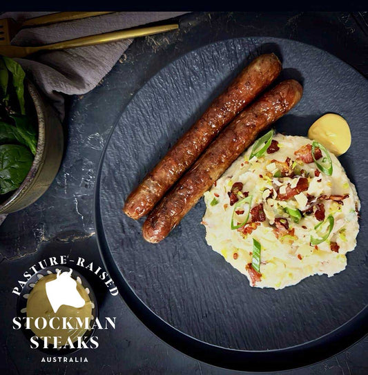 Beef sausages with cauliflower mash