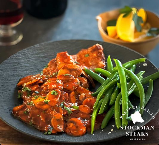 Veal schnitzel in a port mushroom sauce