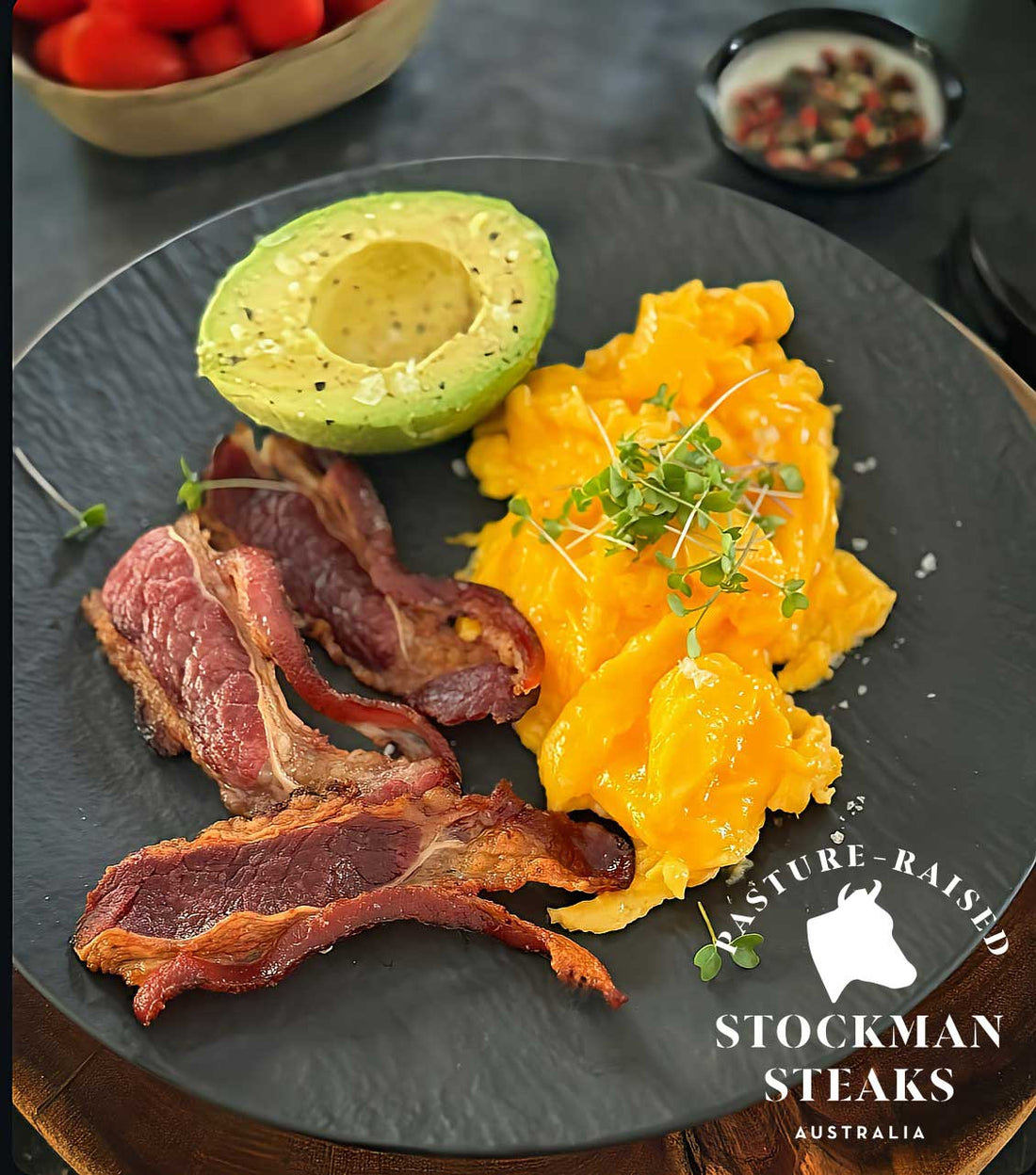 Beef bacon with scrambled eggs