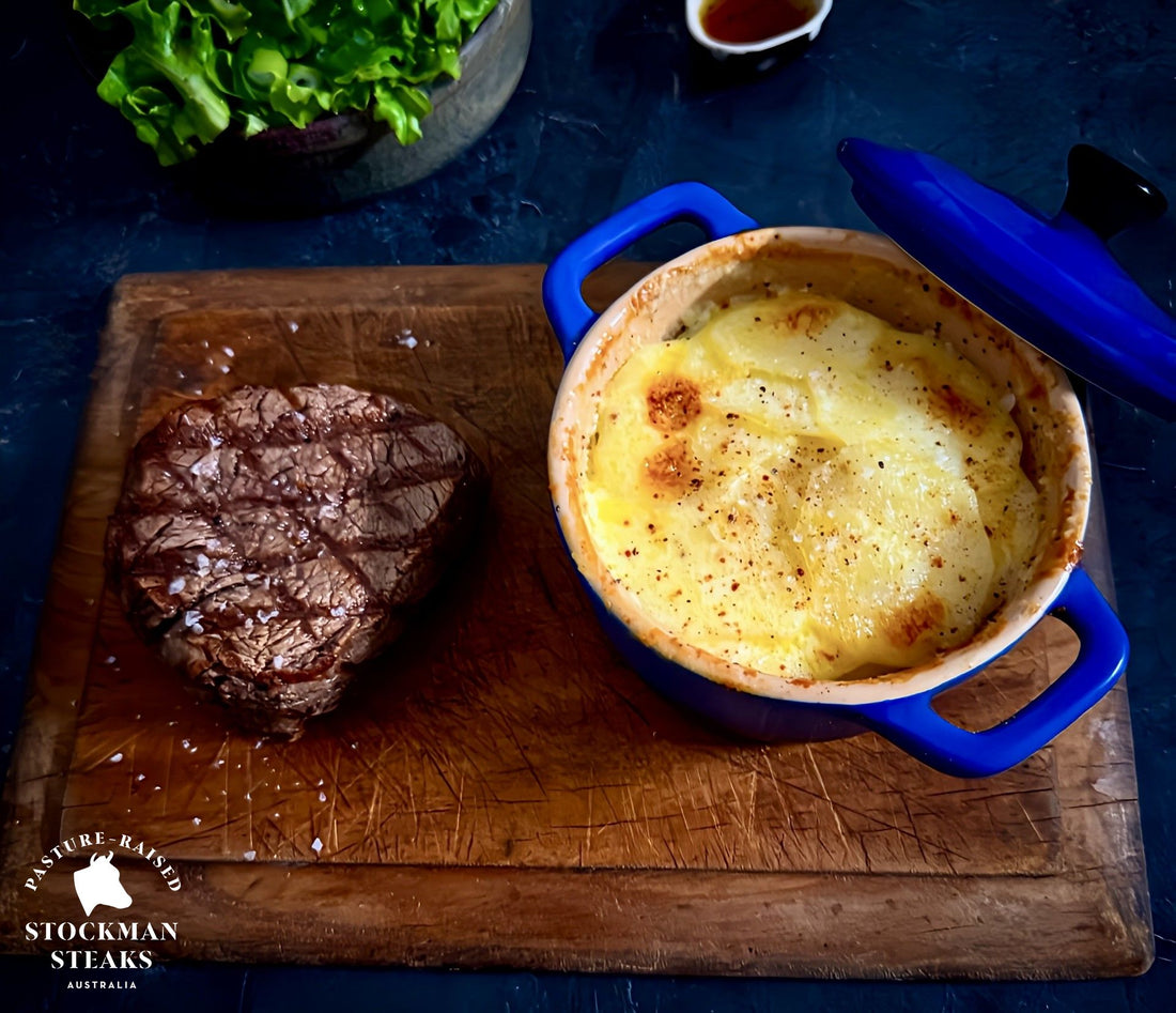 Eye fillet with creamy potato bake