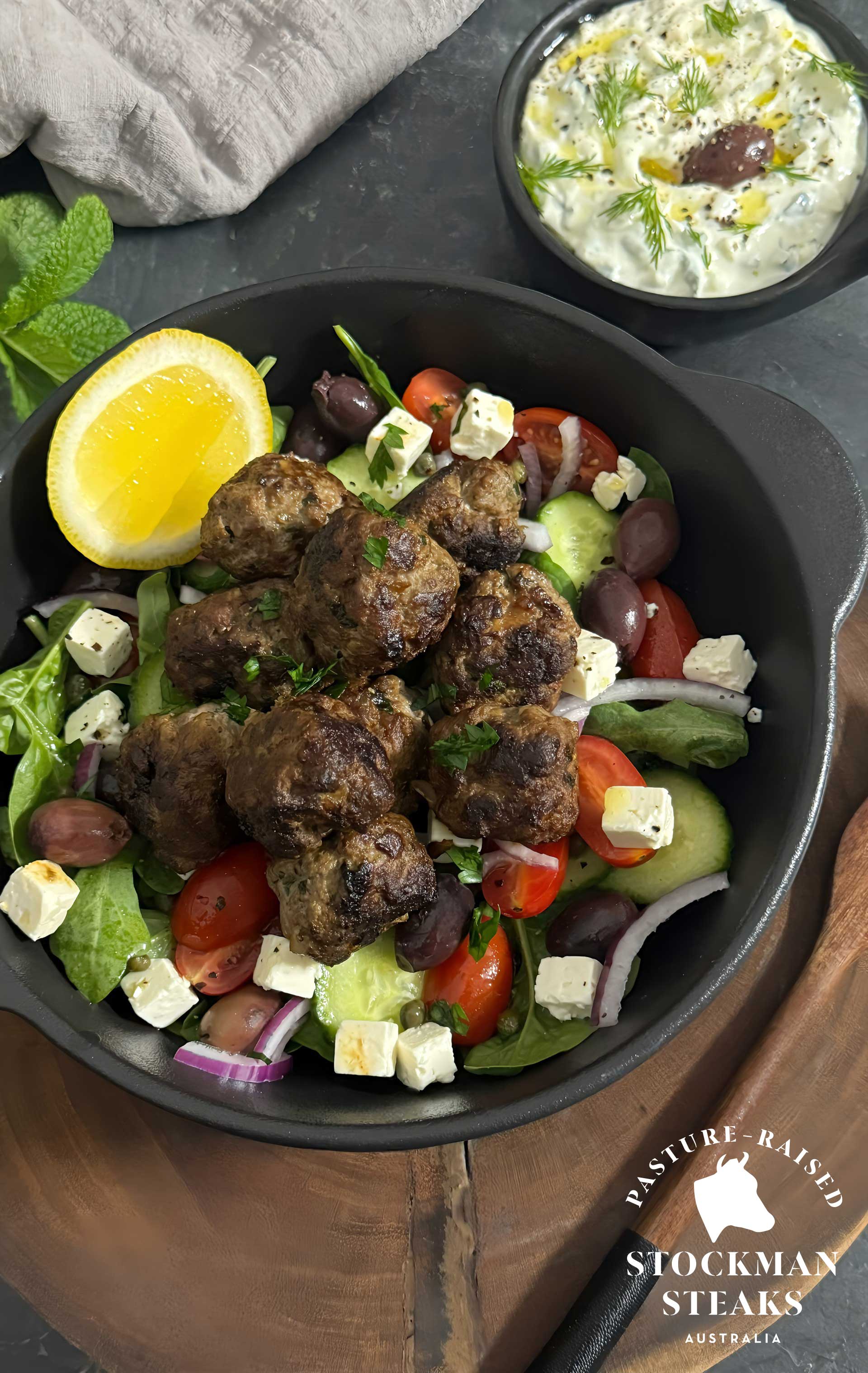 Kebab Meatballs with Tzatziki & Greek salad – Stockman Steaks