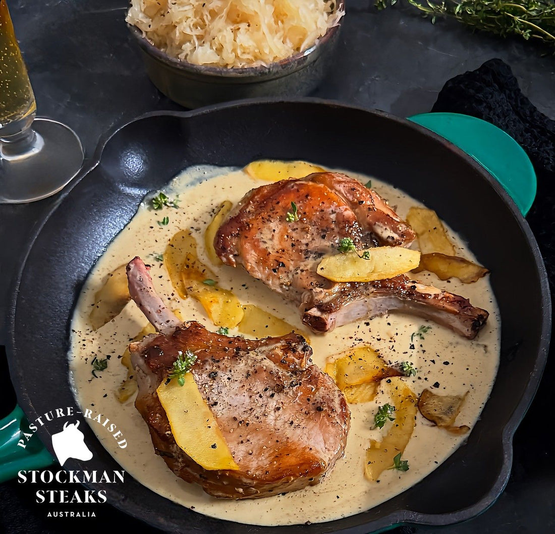 Pork loin cutlets with apples and creamy apple cider sauce