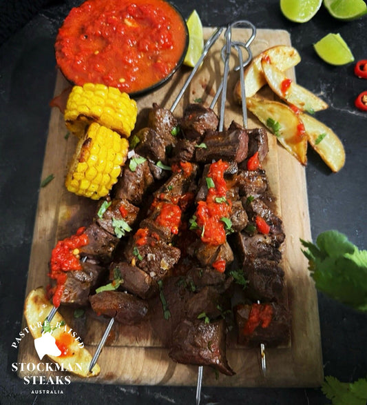 Red Chimichurri Beef Heart Kebabs