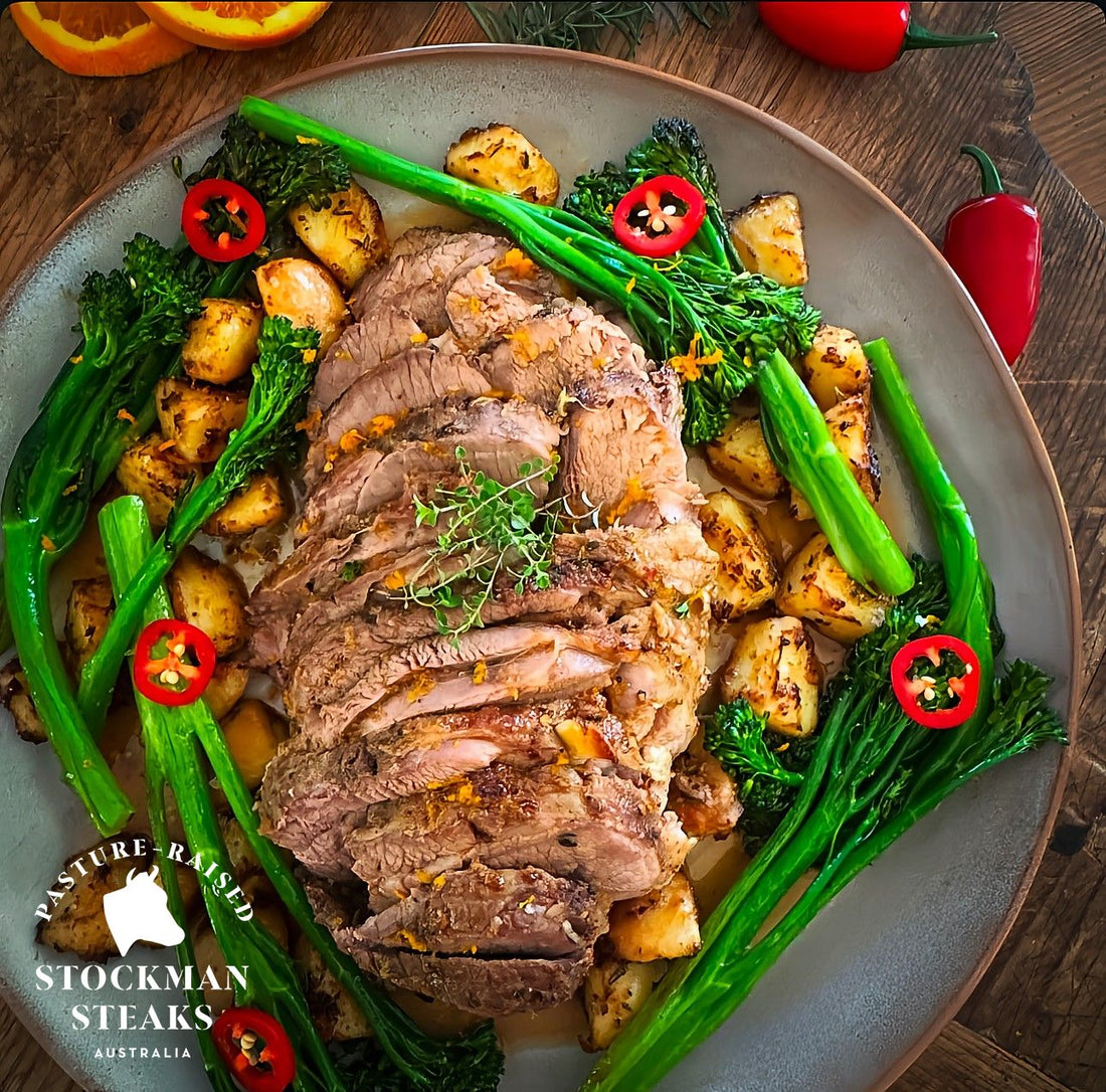 Slow roasted lamb with orange, chilli, and crispy potatoes with pan fried broccolini