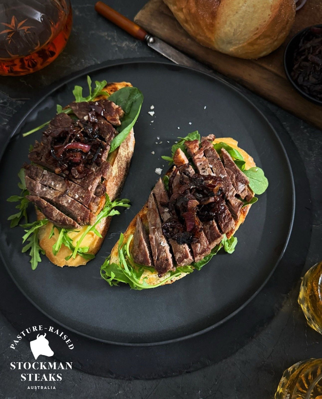Steak sandwich with whisky onion jam